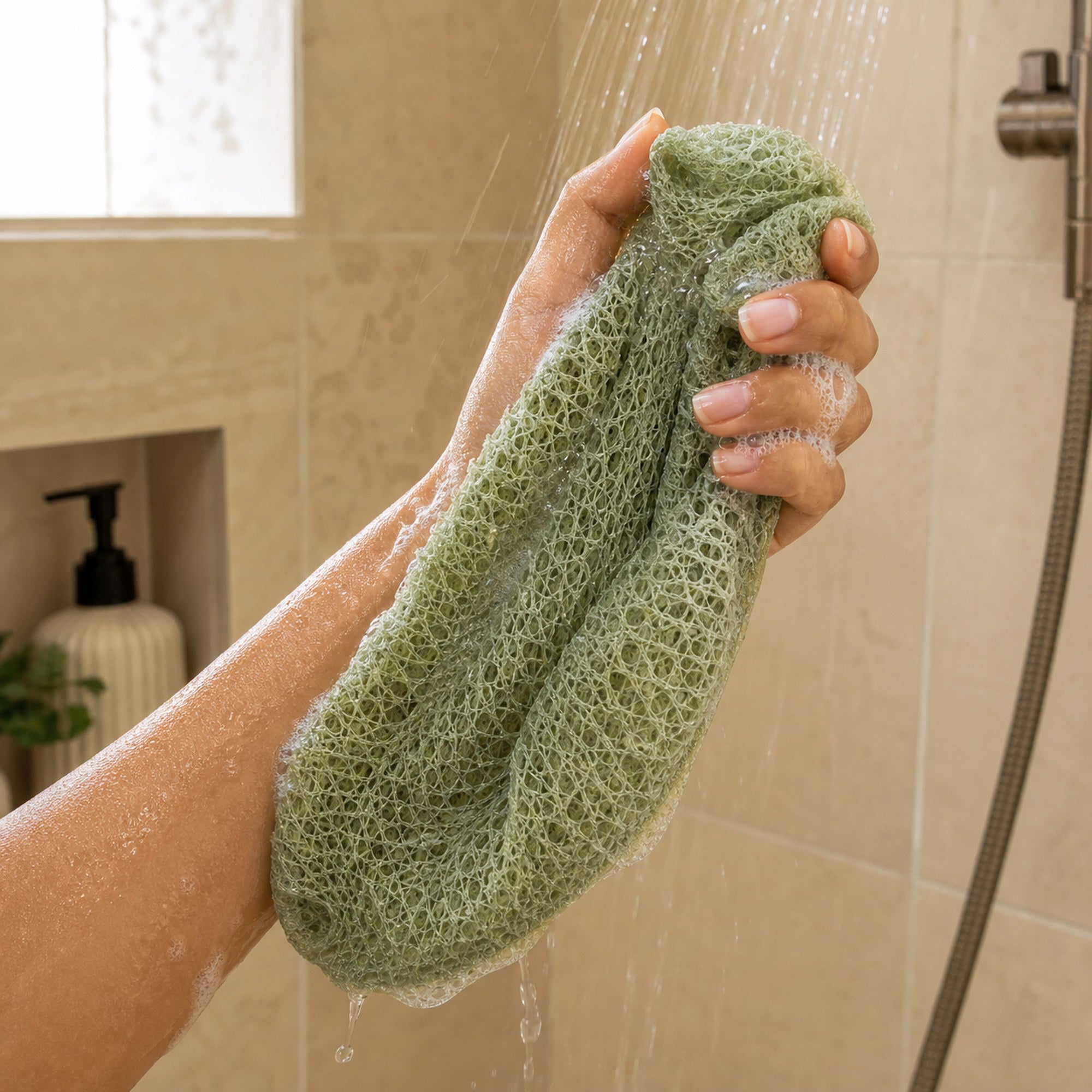 Sage green African net sponge stretched in a hand under running shower water