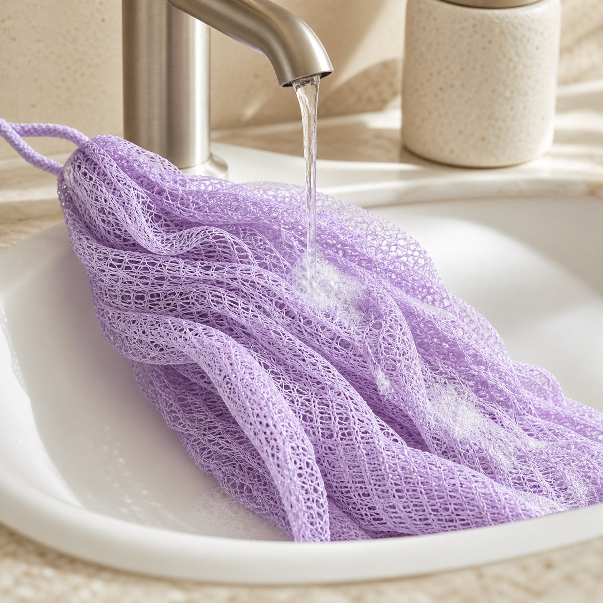 Lavender African net sponge being rinsed under a bathroom faucet