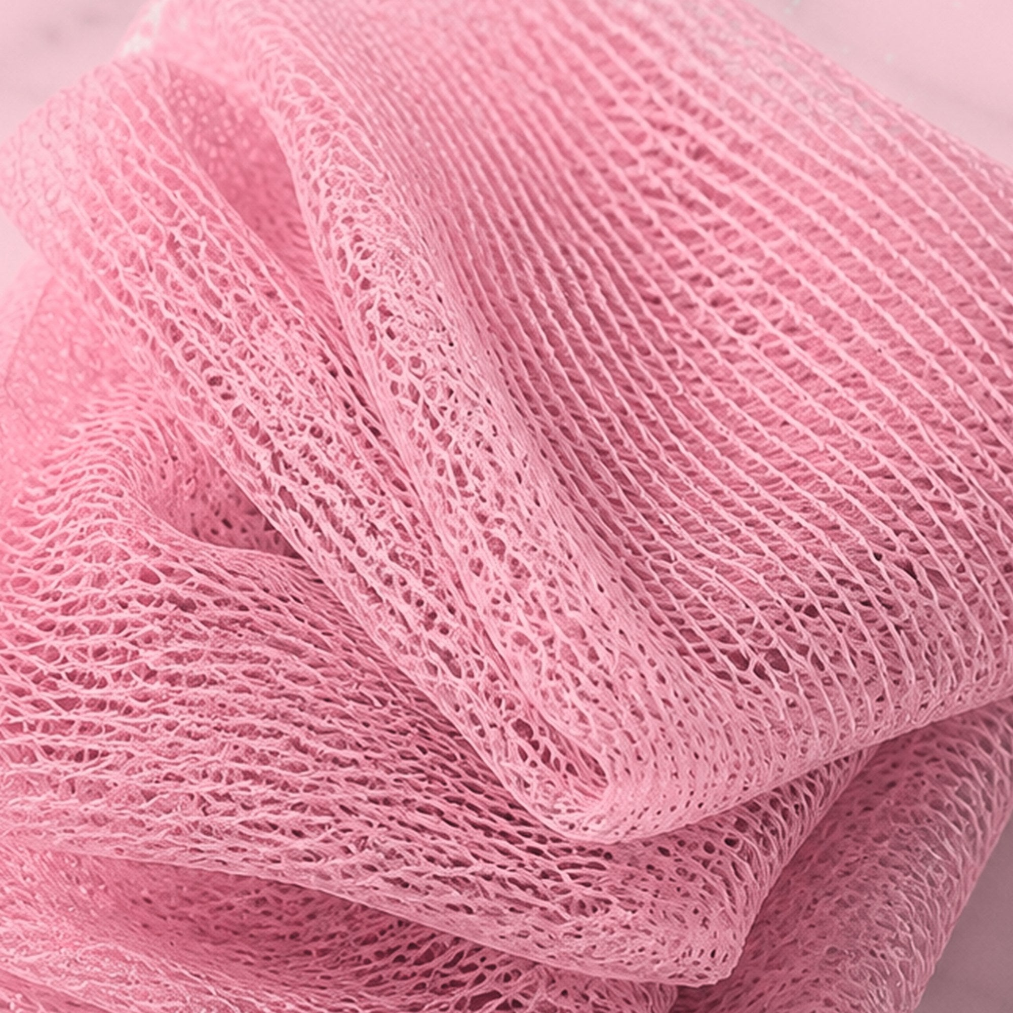 Close-up of open nylon mesh texture on a blush pink African net sponge